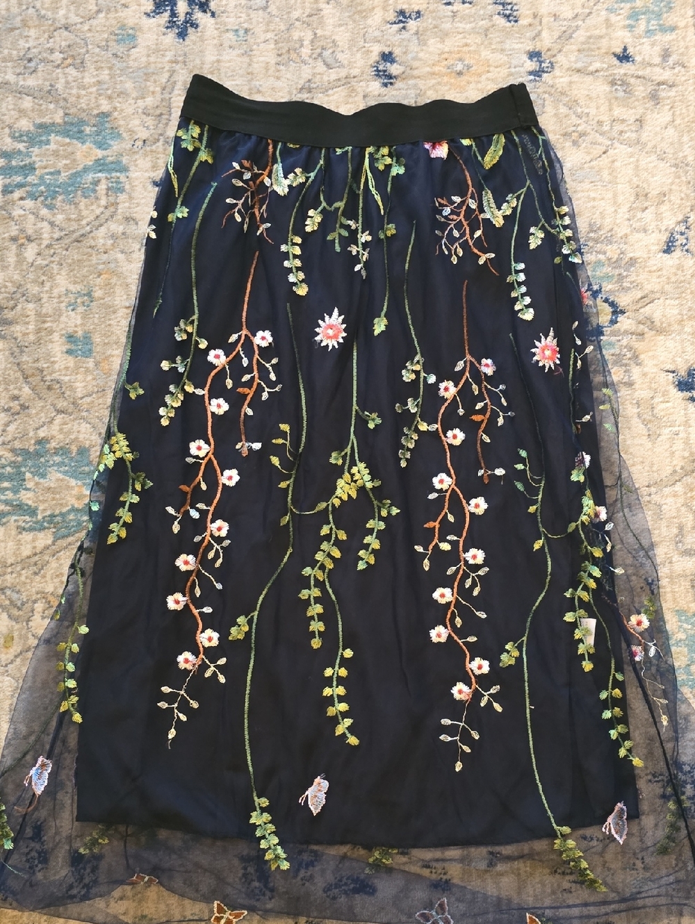 Navy Floral Embroidered Mesh Midi Skirt with Green Vine Accents